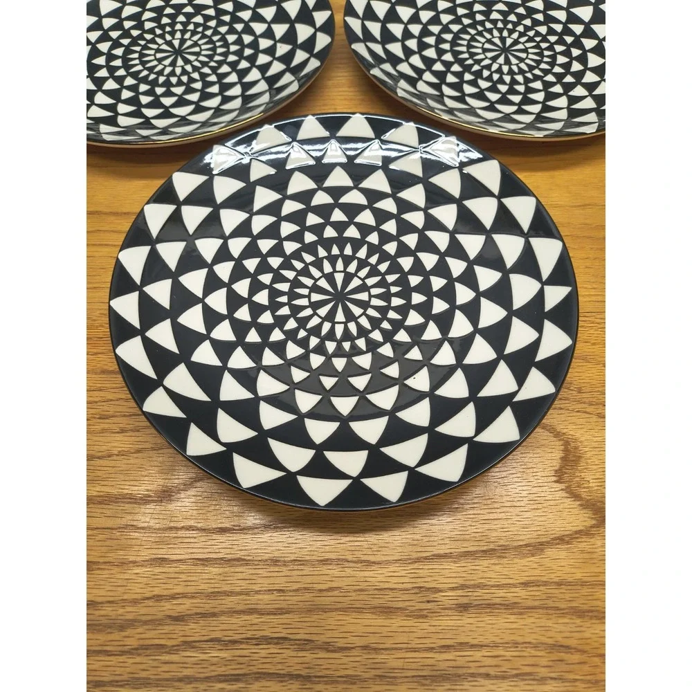 3 Thyme & Table Salad Plates Black Medallion Spanish Tile Stoneware Gold Rim‎